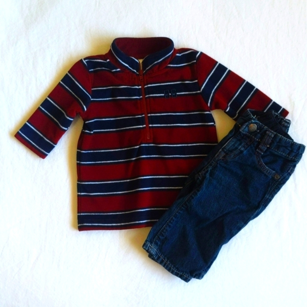 mixed brands outfit set with denim jeans & fleece pullover 3-6 months baby boy